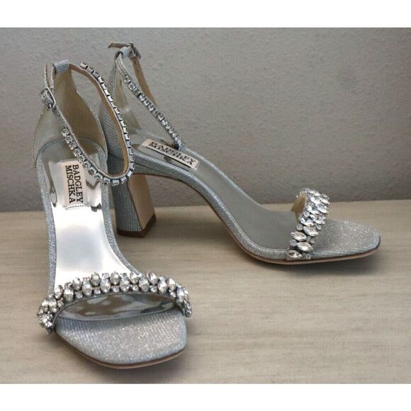 Badgley Mischka Women's Sz 6.5 Silver Embellished Harriet Open Toe Heels - Picture 2 of 10
